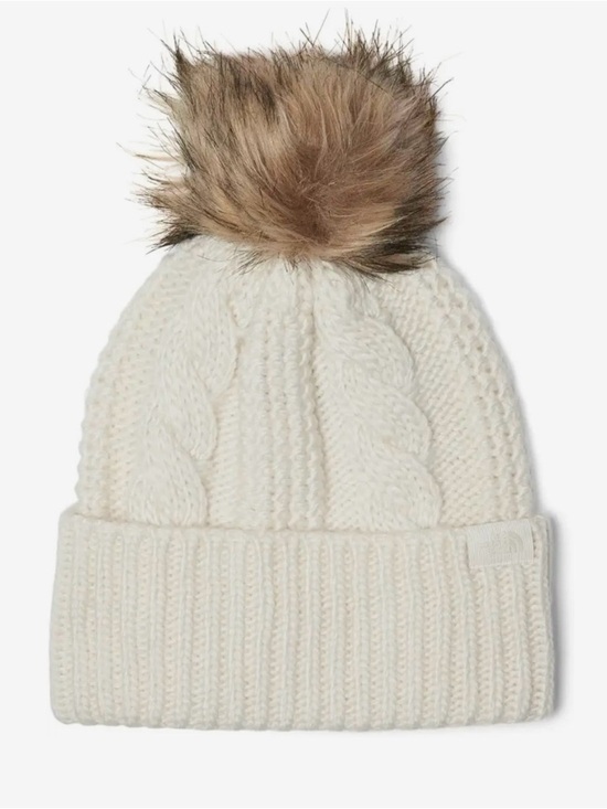 The North Face Mega Fur Pom Beanie White Dune Womens OS Cream Cable Knit main image 6